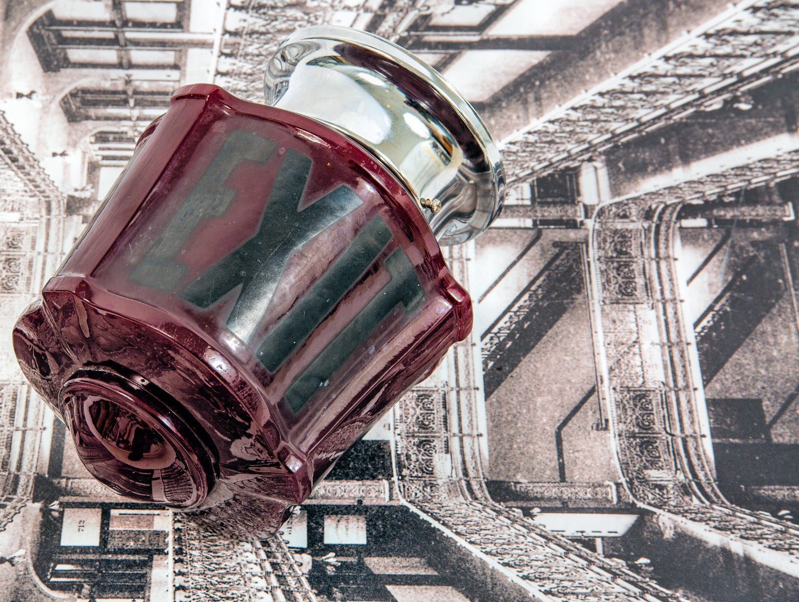 stunning all original 1930s american depression-era art deco style three-sided ruby red glass exit globe with chrome fitter