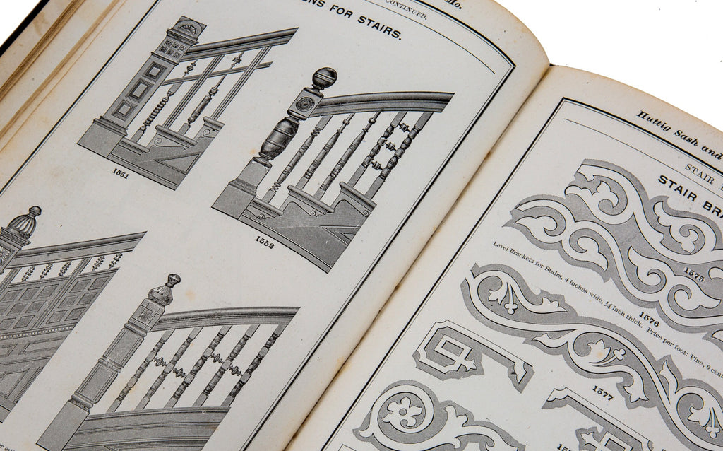 highly detailed c. 1892 huttig sash and door company "book of designs" containing exterior and interior architectural designs
