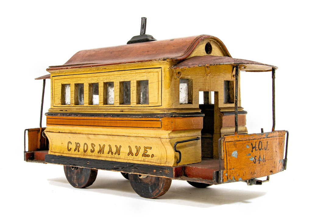rare 19th century original hand-painted american folkart trolley or street car by o.r. jones