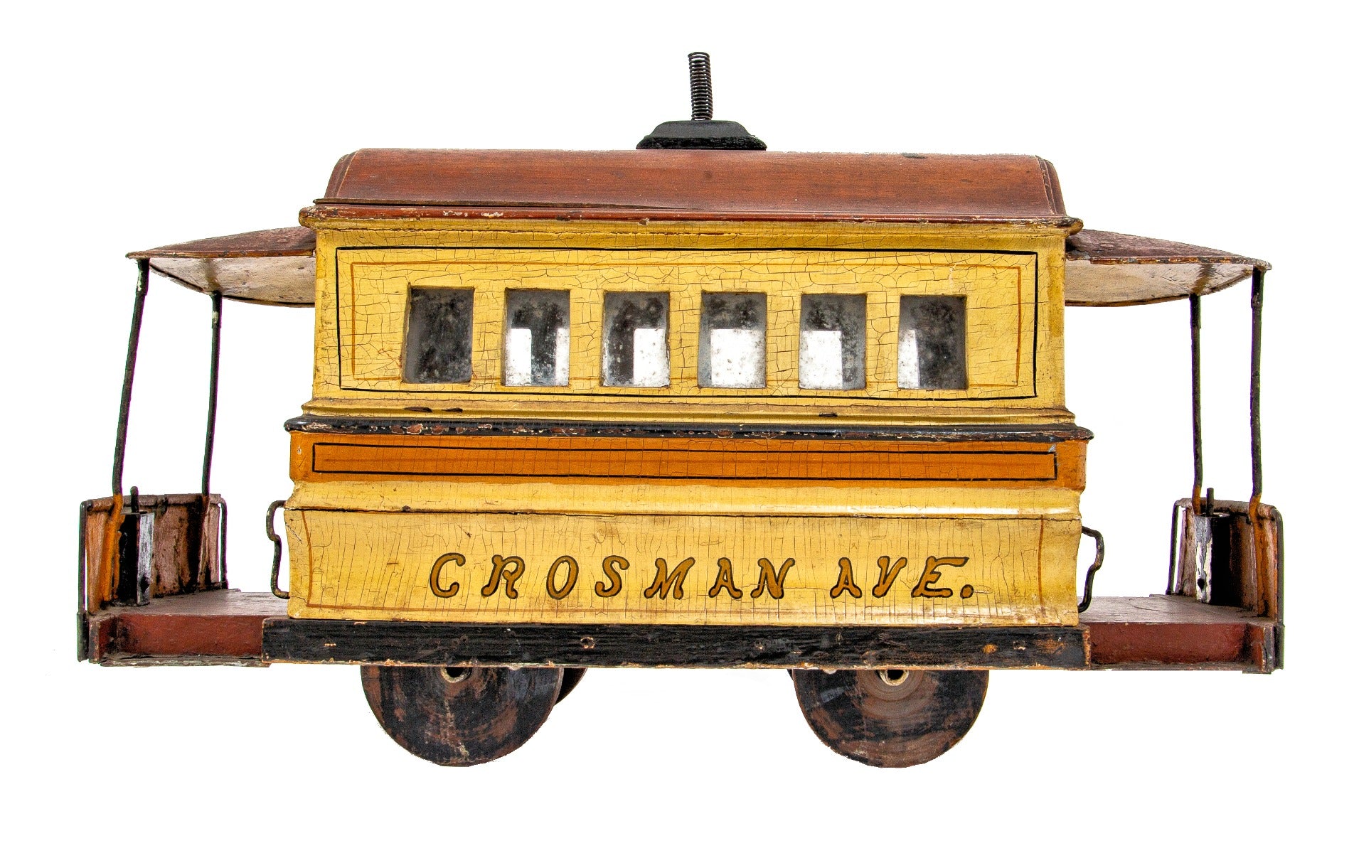 rare 19th century original hand-painted american folkart trolley or street car by o.r. jones