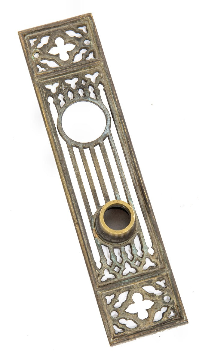 1890s original unusual gothic style cast bronze entrance door backplate with nicely aged patina