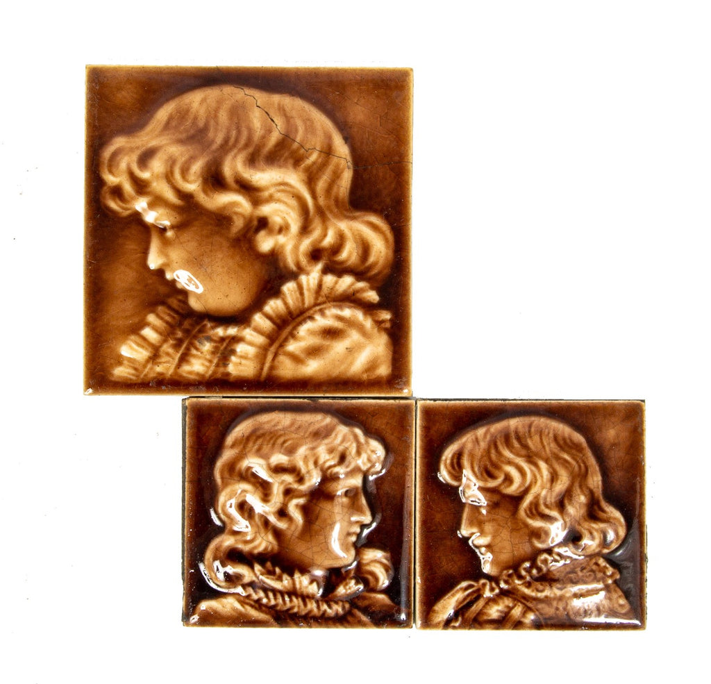 original 19th century figural trent majolica glazed tiles salvaged from adler and sullivan's benjamin lindauer house
