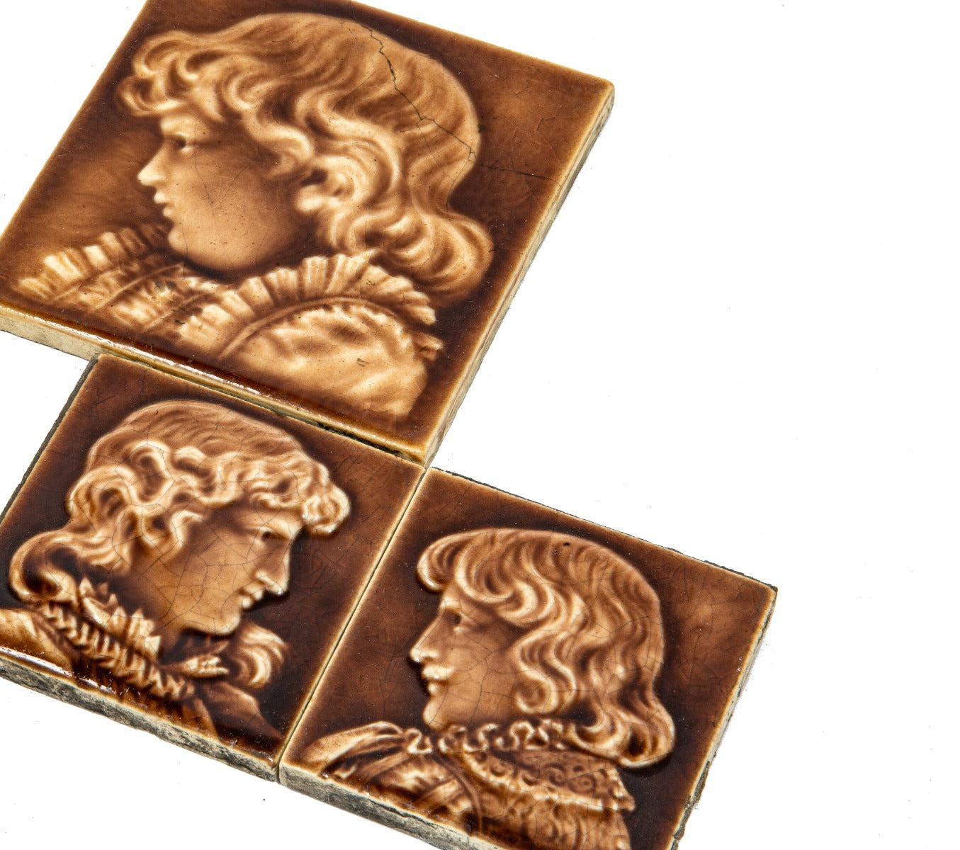 original 19th century figural trent majolica glazed tiles salvaged from adler and sullivan's benjamin lindauer house