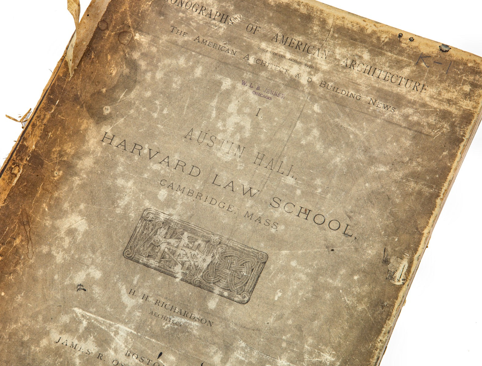 original monograph of h.h. richardson’s austin hall, harvard law school, cambridge, mass., from the architectural library of william le baron jenney.