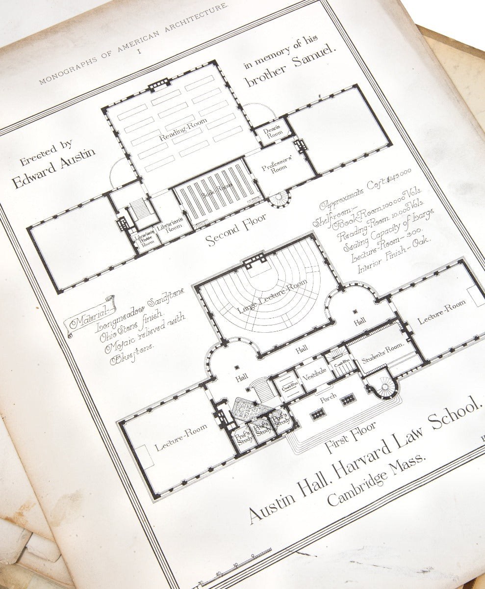 original monograph of h.h. richardson’s austin hall, harvard law school, cambridge, mass., from the architectural library of william le baron jenney.