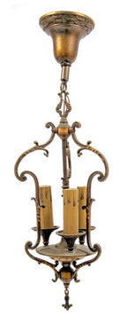 lightly cleaned and rewired 1930s american depression-era residential three-light pendant with electric candles