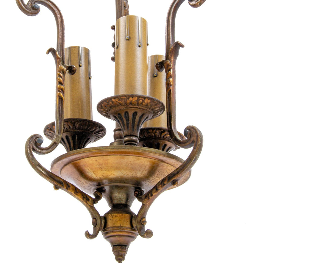 lightly cleaned and rewired 1930s american depression-era residential three-light pendant with electric candles