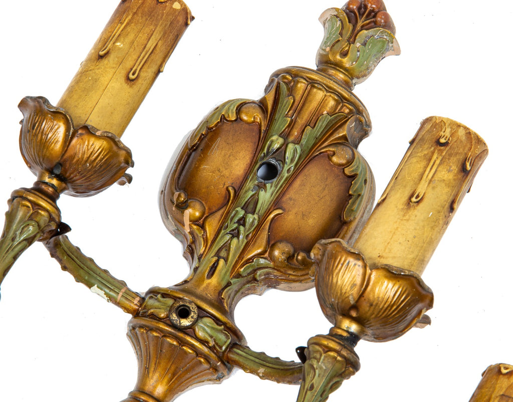 pair of richly ornamented 1920s r. williamson salvaged chicago double-arm antique wall sconces with polychrome finish
