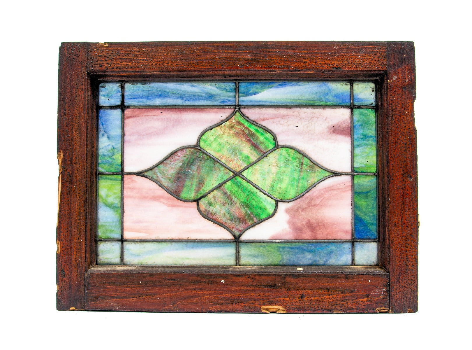 original early 20th century richly colored salvaged chicago antique american stained glass window with intact varnished wood sash