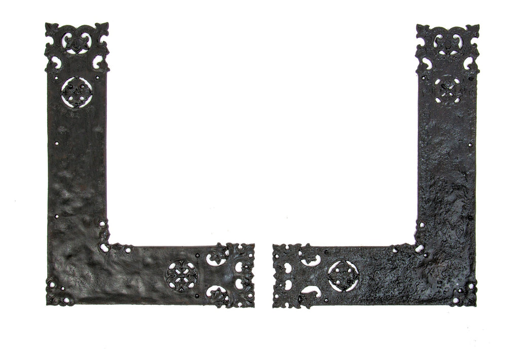matching set of hard to find late 19th century ornamental cast iron  "auvergne" pattern door hinge plates by yale and towne company