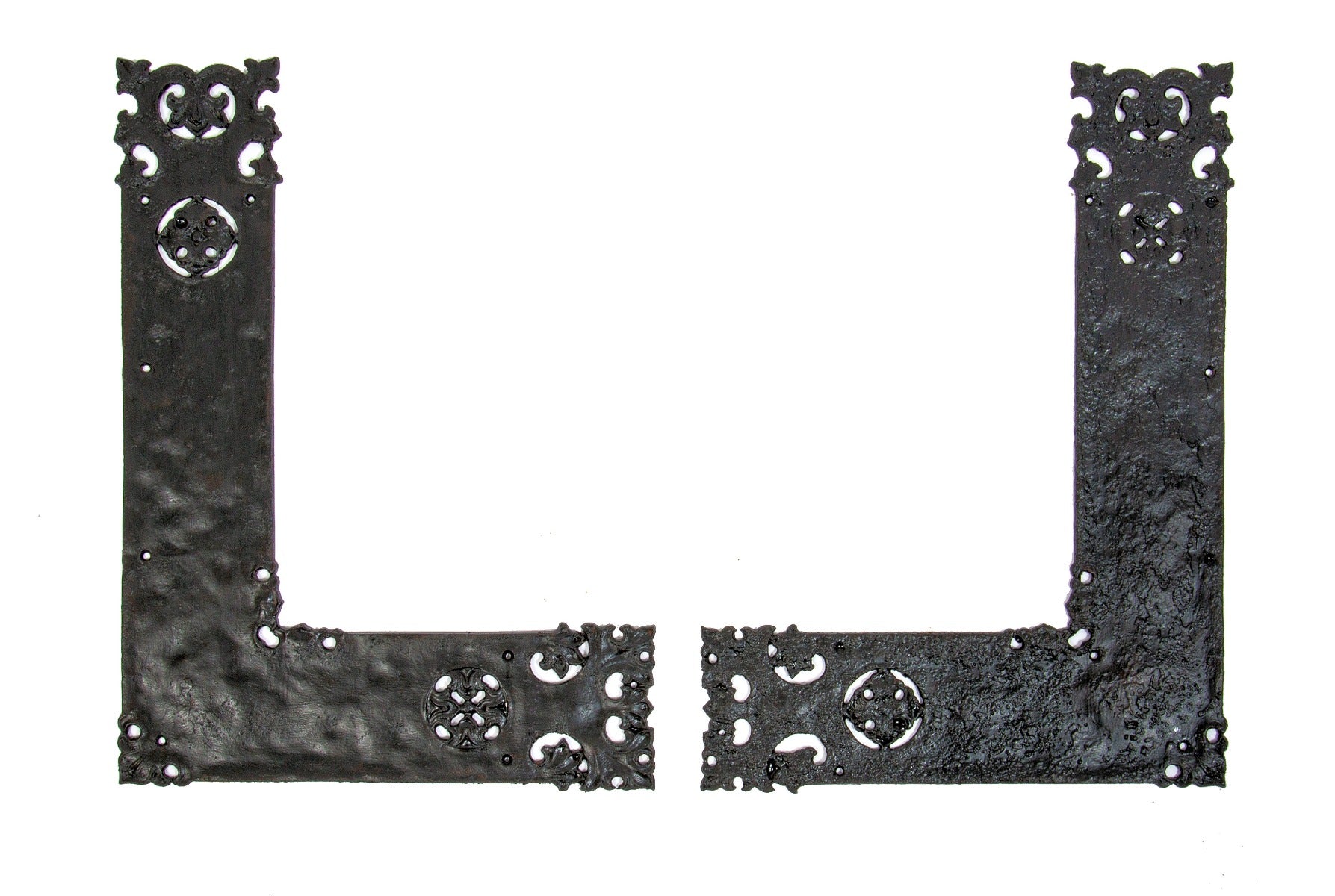 matching set of hard to find late 19th century ornamental cast iron  "auvergne" pattern door hinge plates by yale and towne company