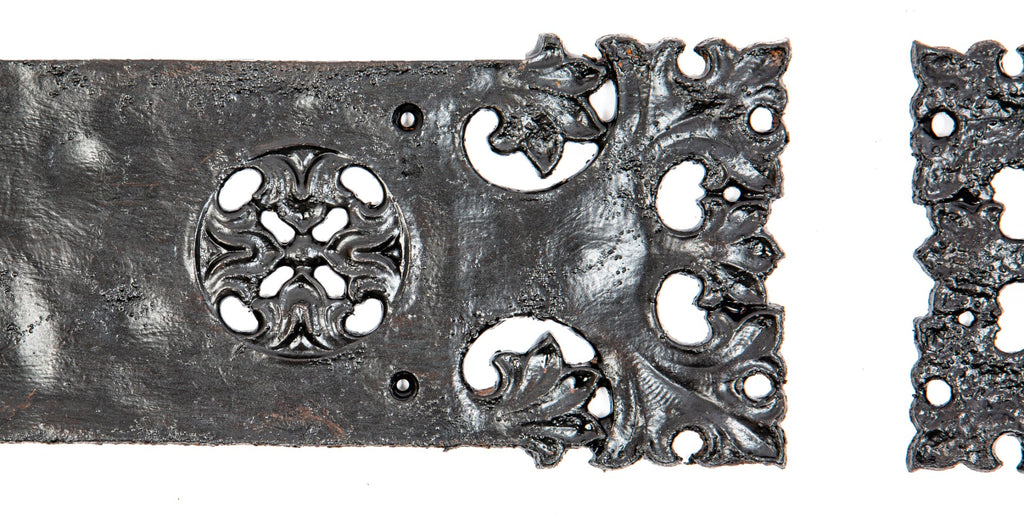 matching set of hard to find late 19th century ornamental cast iron  "auvergne" pattern door hinge plates by yale and towne company