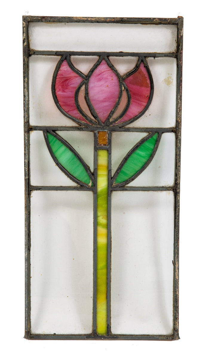 early 20th century salvaged chicago diminutive leaded art glass window with richly colored floral motif