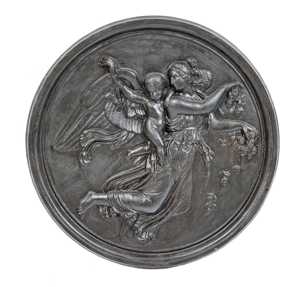 Hard to find 19th century original salvaged chicago finely cast ornamental cast iron figural fireback rondel with brushed metal finish