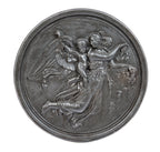 Hard to find 19th century original salvaged chicago finely cast ornamental cast iron figural fireback rondel with brushed metal finish