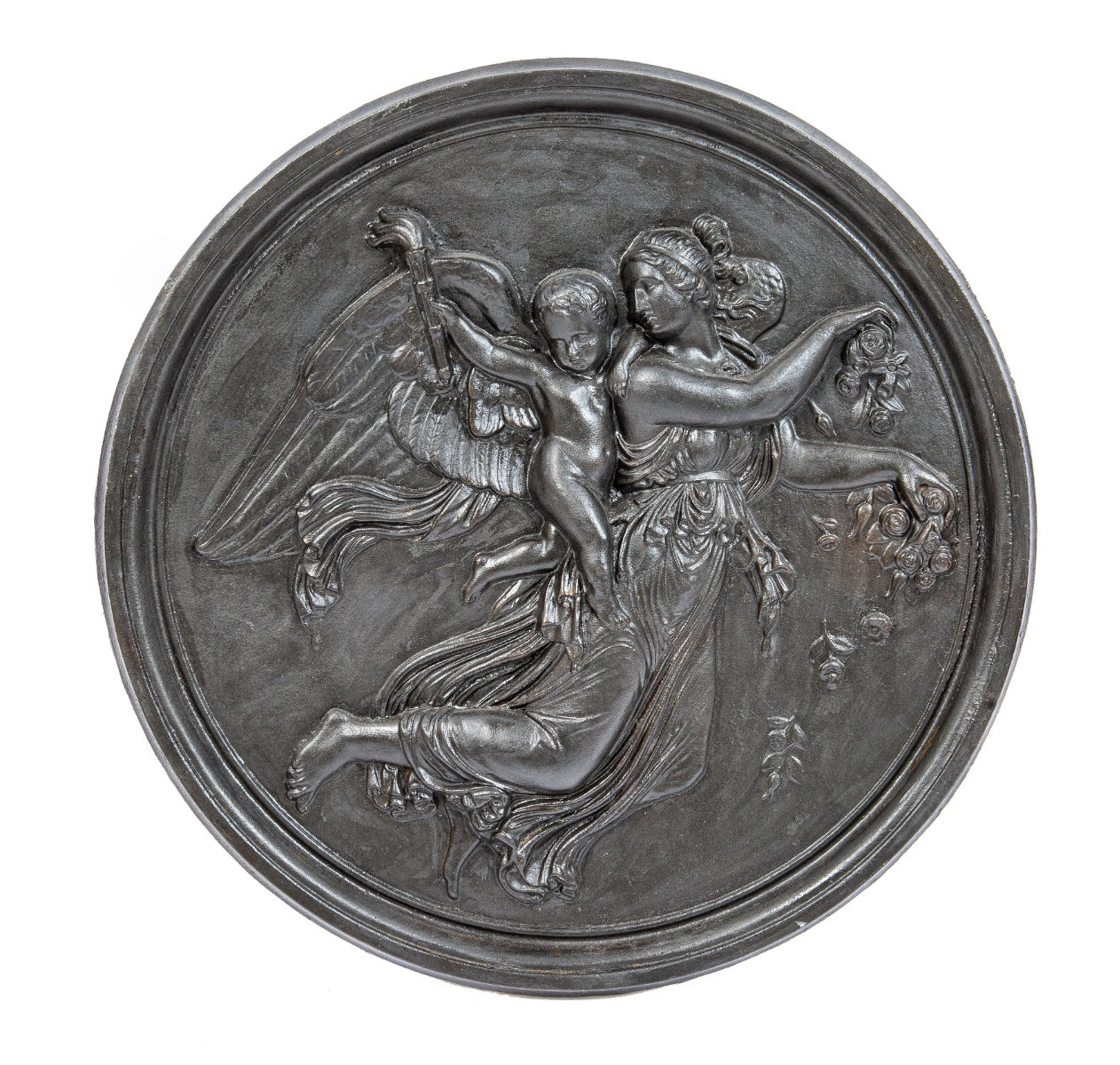 Hard to find 19th century original salvaged chicago finely cast ornamental cast iron figural fireback rondel with brushed metal finish