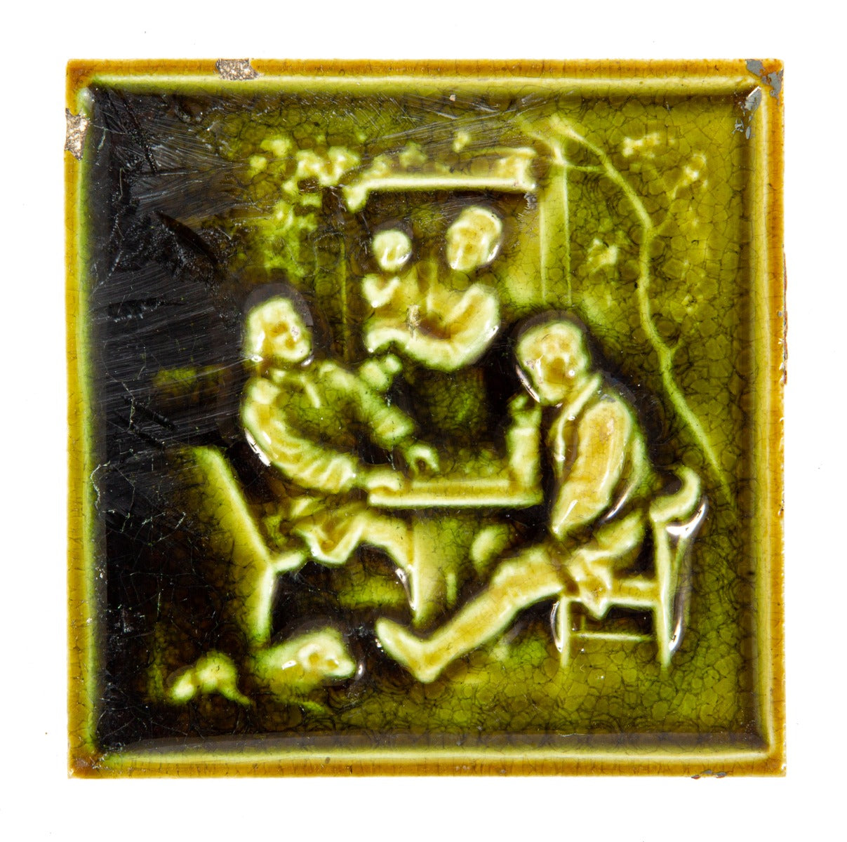 single 1890s antique american unique green-glazed salvaged chicago majolica-glazed tile of family gathering