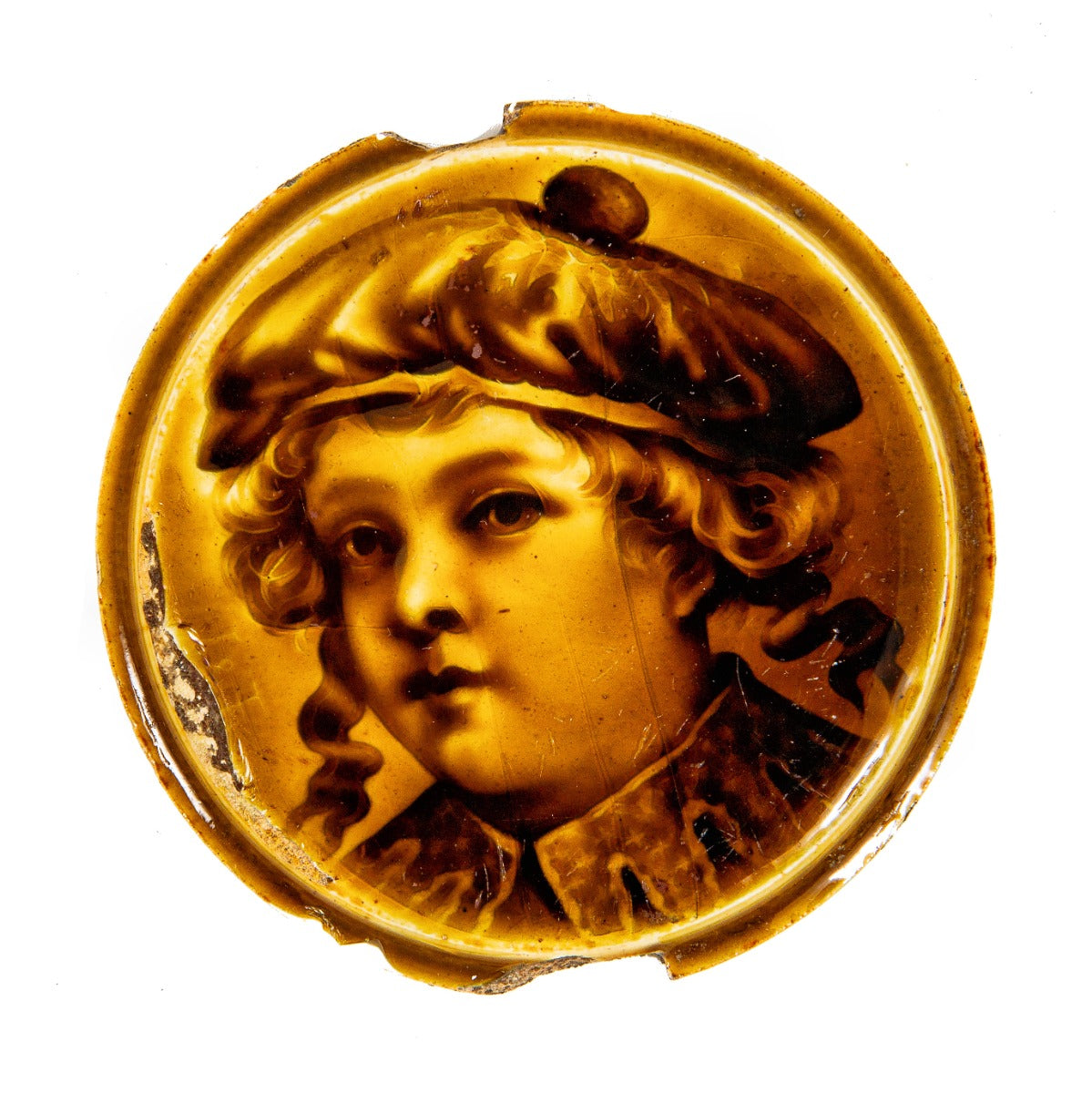 richly colored 19th century ocher-color majolica glazed figural or portrait stove tile