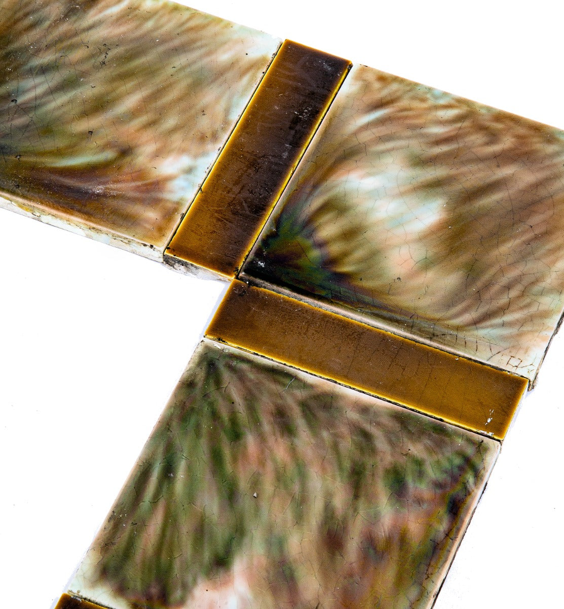 original and intact salvaged chicago interior residential richly colored majolica-glazed fireplace tile surround