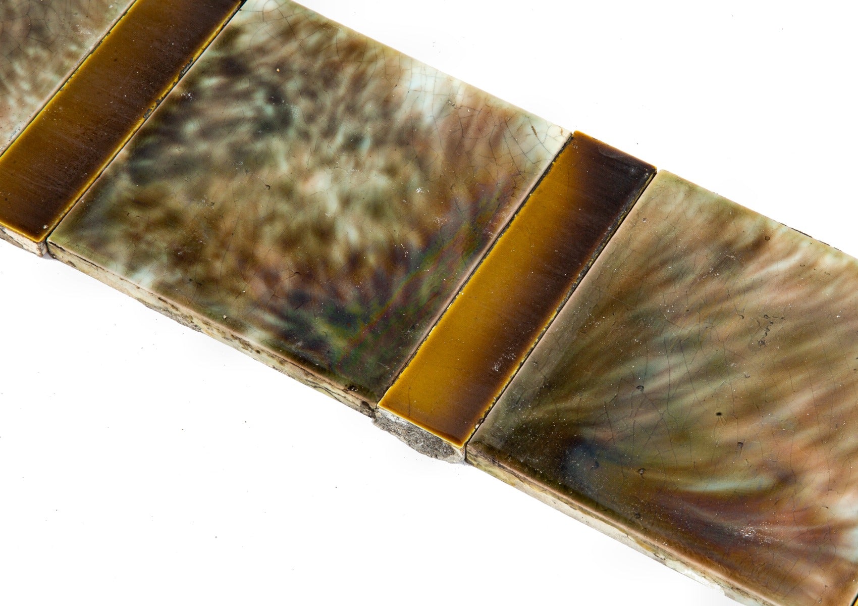 original and intact salvaged chicago interior residential richly colored majolica-glazed fireplace tile surround