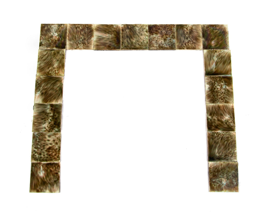 19th century salvaged chicago interior residential mottled greenish-brown majolica-glazed fireplace tile surround
