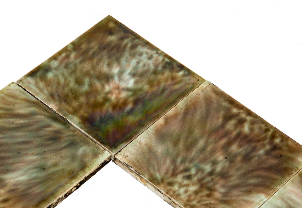 19th century salvaged chicago interior residential mottled greenish-brown majolica-glazed fireplace tile surround