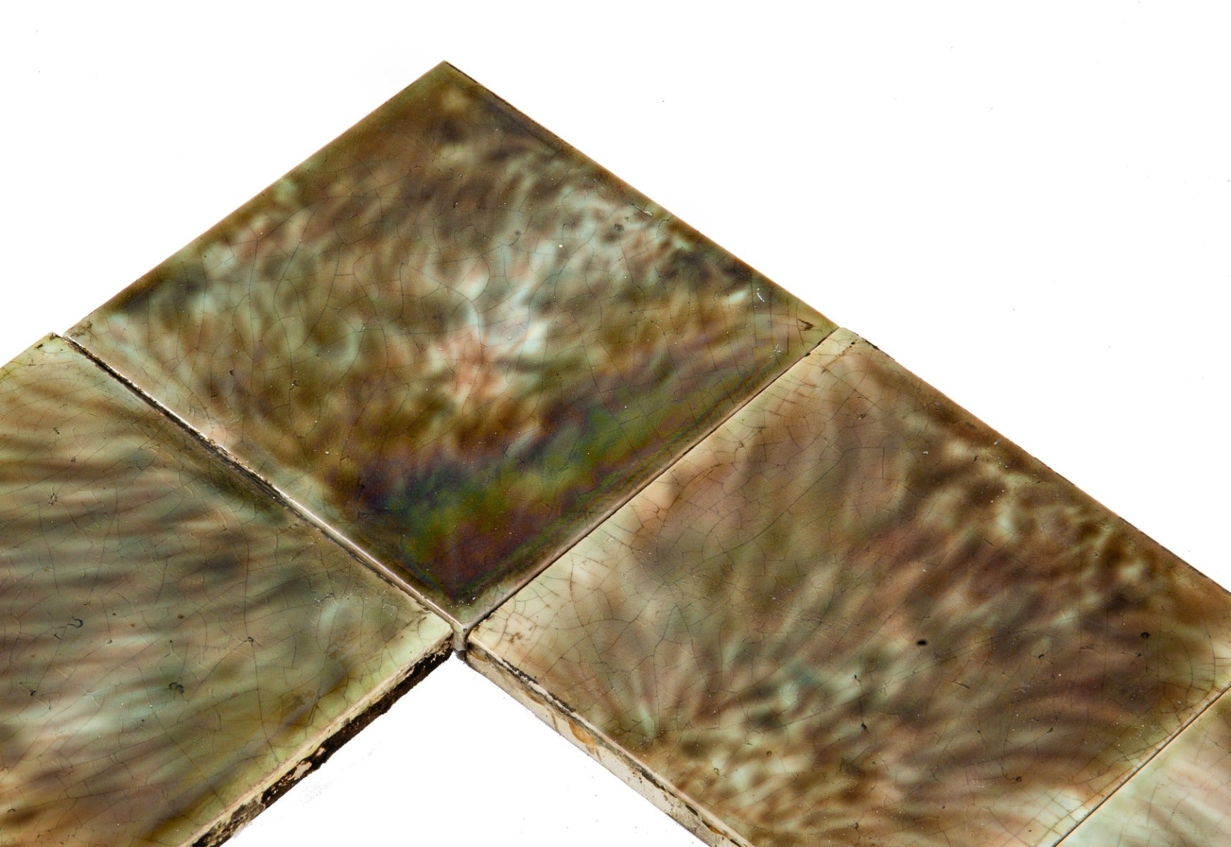 19th century salvaged chicago interior residential mottled greenish-brown majolica-glazed fireplace tile surround