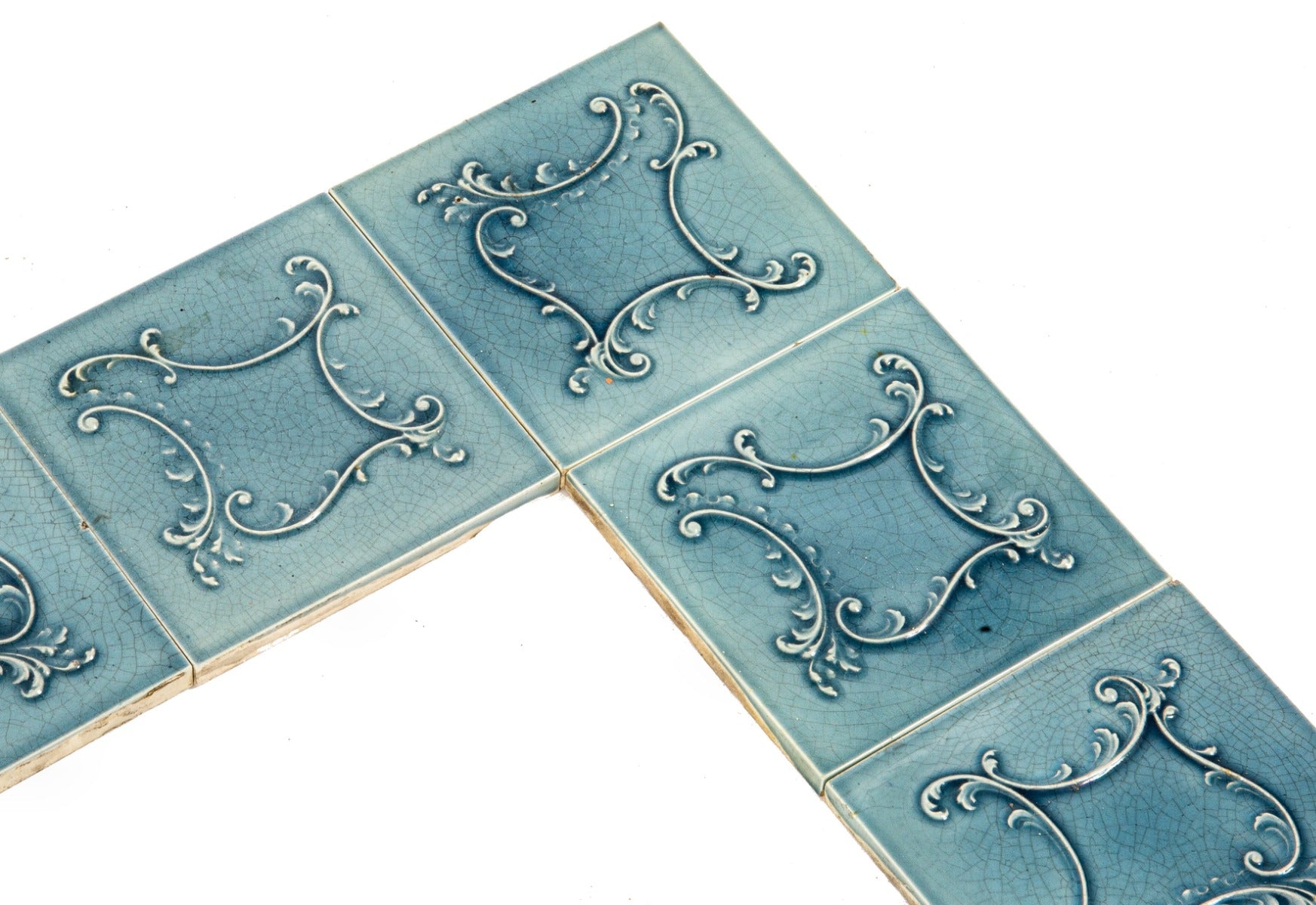 all original late 19th century hard to find maw and company salvaged chicago residential majolica-glazed fireplace tile surround