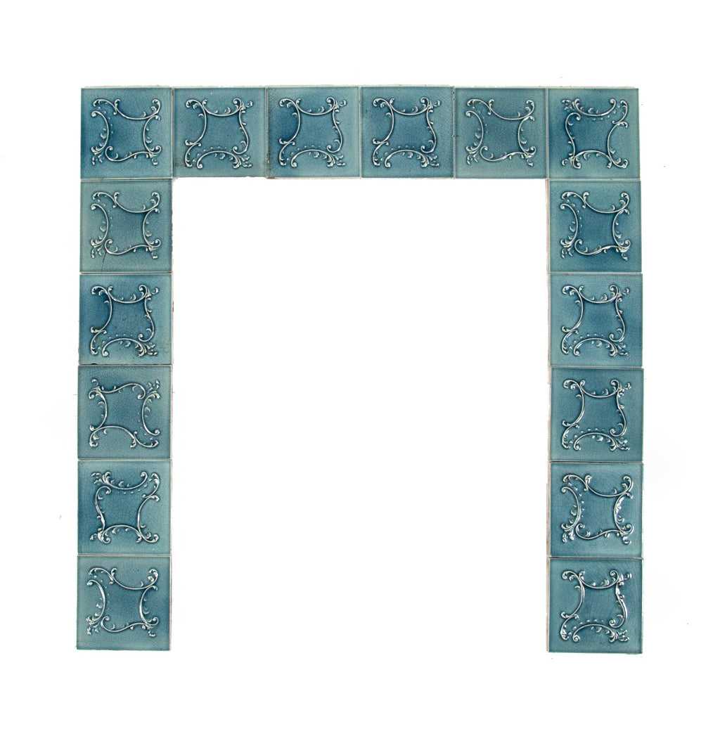 all original late 19th century hard to find maw and company salvaged chicago residential majolica-glazed fireplace tile surround