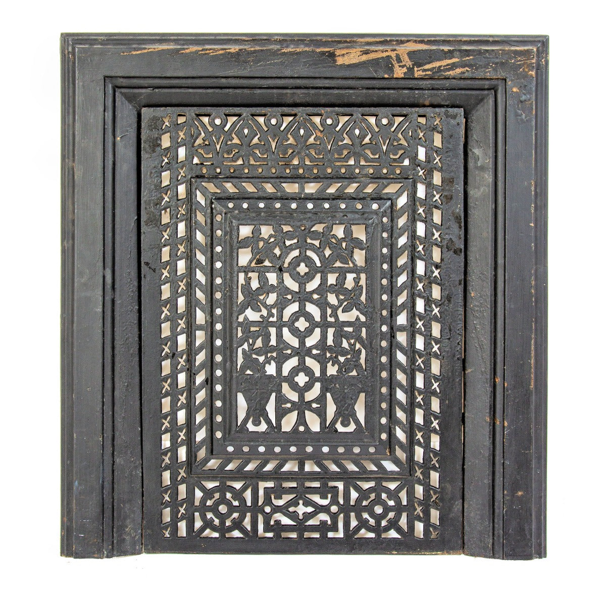 1880s original black enameled ornamental cast iron salvaged chicago residential interior fireplace summer cover and surround