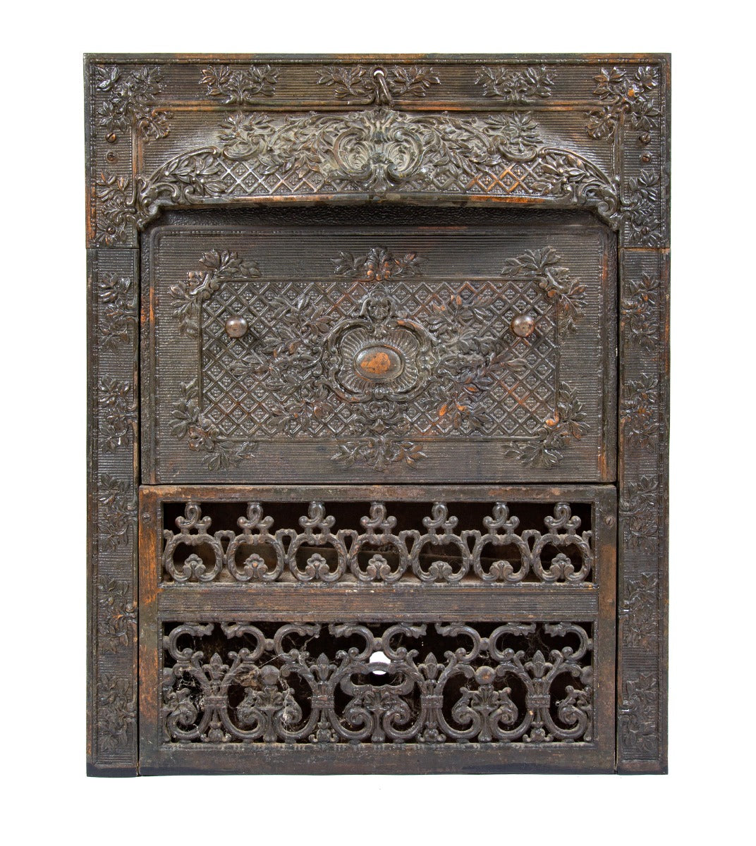 all original and fully functional 19th century salvaged chicago copper-plated cast iron fireplace mantel dawson gas insert