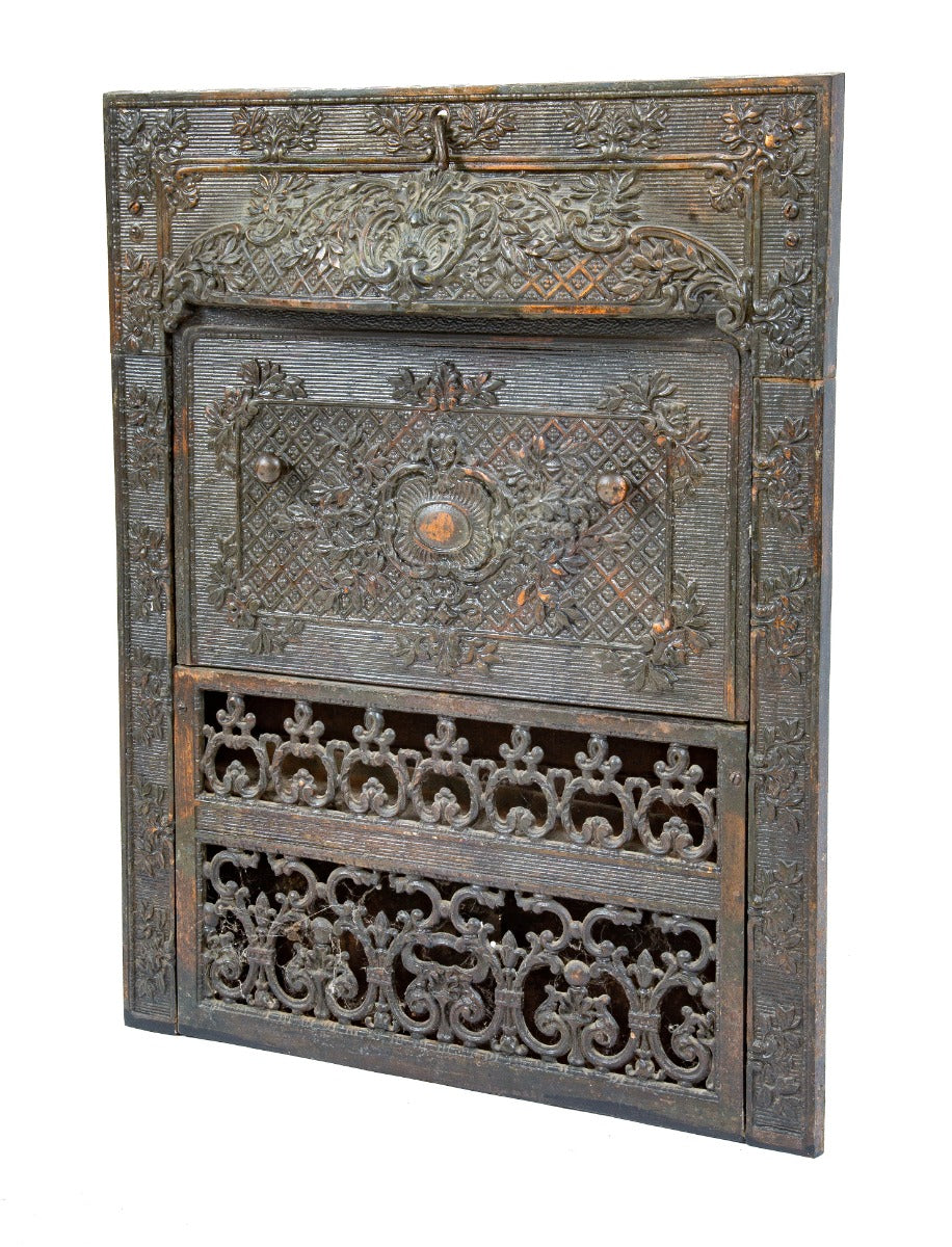 all original and fully functional 19th century salvaged chicago copper-plated cast iron fireplace mantel dawson gas insert