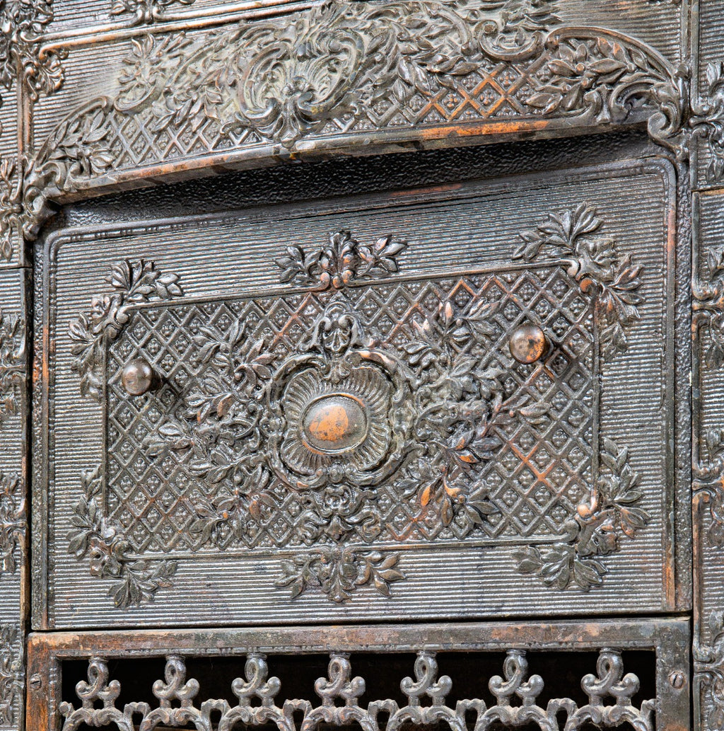 all original and fully functional 19th century salvaged chicago copper-plated cast iron fireplace mantel dawson gas insert