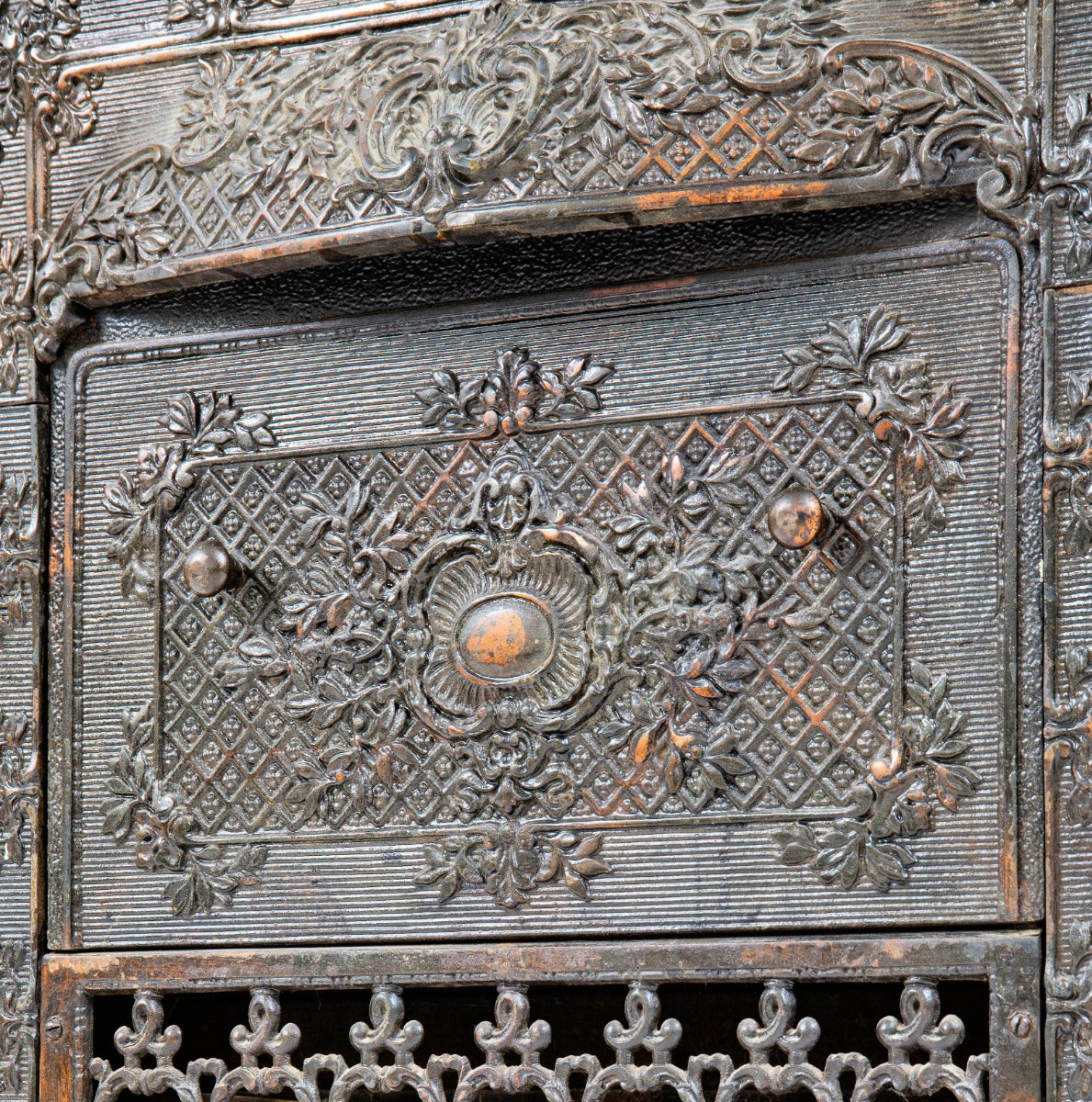 all original and fully functional 19th century salvaged chicago copper-plated cast iron fireplace mantel dawson gas insert