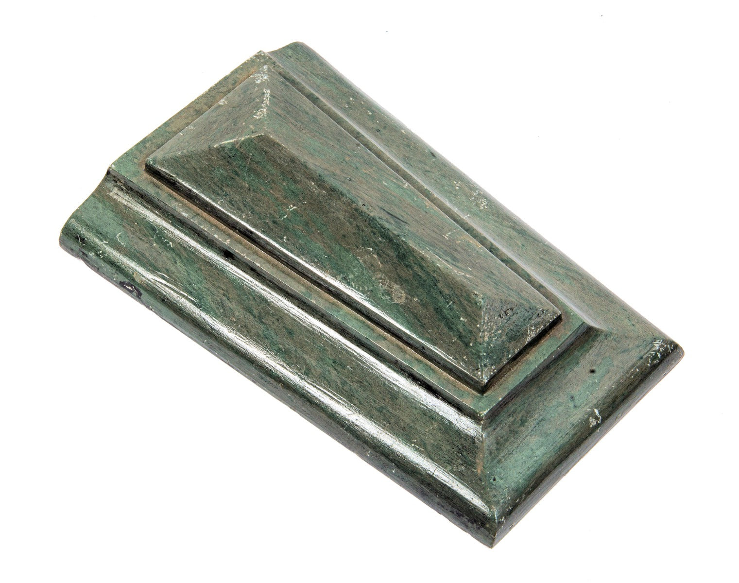 Historically important mid-1860's antique american john kent russell residence stripped green slate mantel keystone with tapered and faceted pyramidal-shaped design