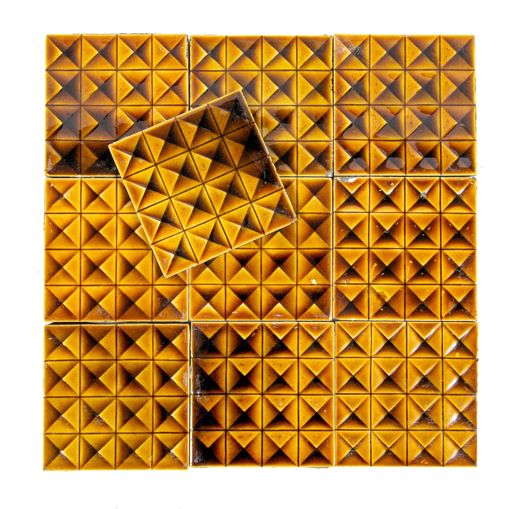 original 19th century antique american victorian-era strongly geometric patterned majolica fireplace tiles