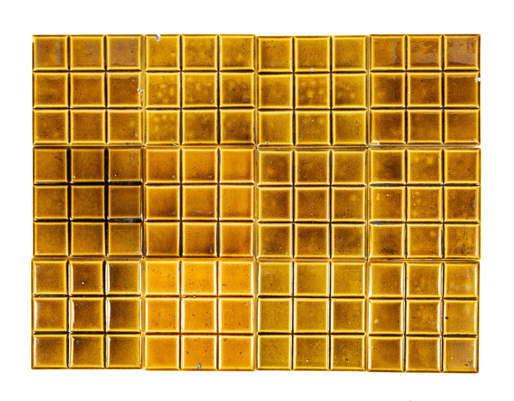 group of matching antique american original 19th century salvaged chicago grid pattern majolica glazed fireplace tiles