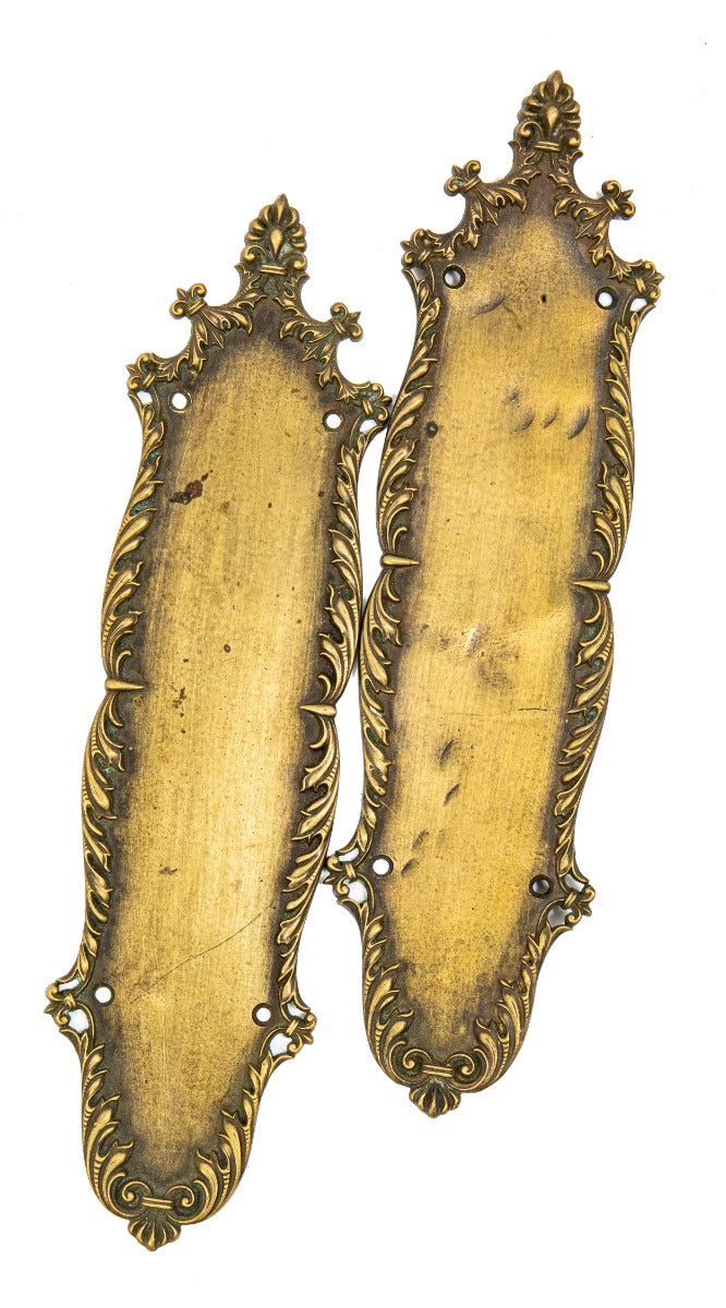Matcing set of early 20th century salvaged chicago ornamental cast brass p.f. corbin swinging door push plates