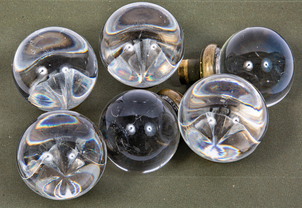 group of exceptionally rare oversized polished glass globe-shaped interior salvaged chicago doorknobs with brass shanks
