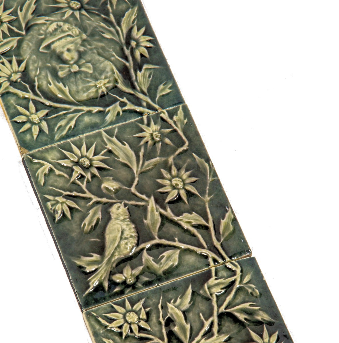 remarkable all original 19th century richly colored blue-green majolica glazed figural fireplace tile set executed by beaver falls tile company