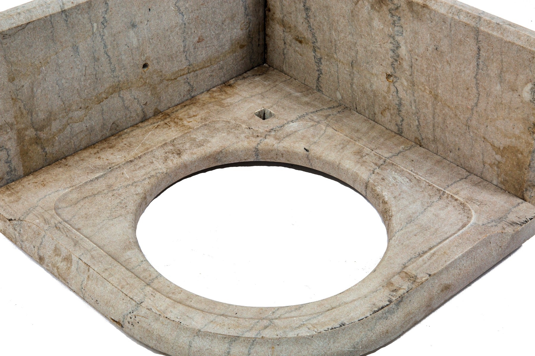 original and intact 19th century l. wolff diminutive tennessee marble corner sink with beveled edge backsplash