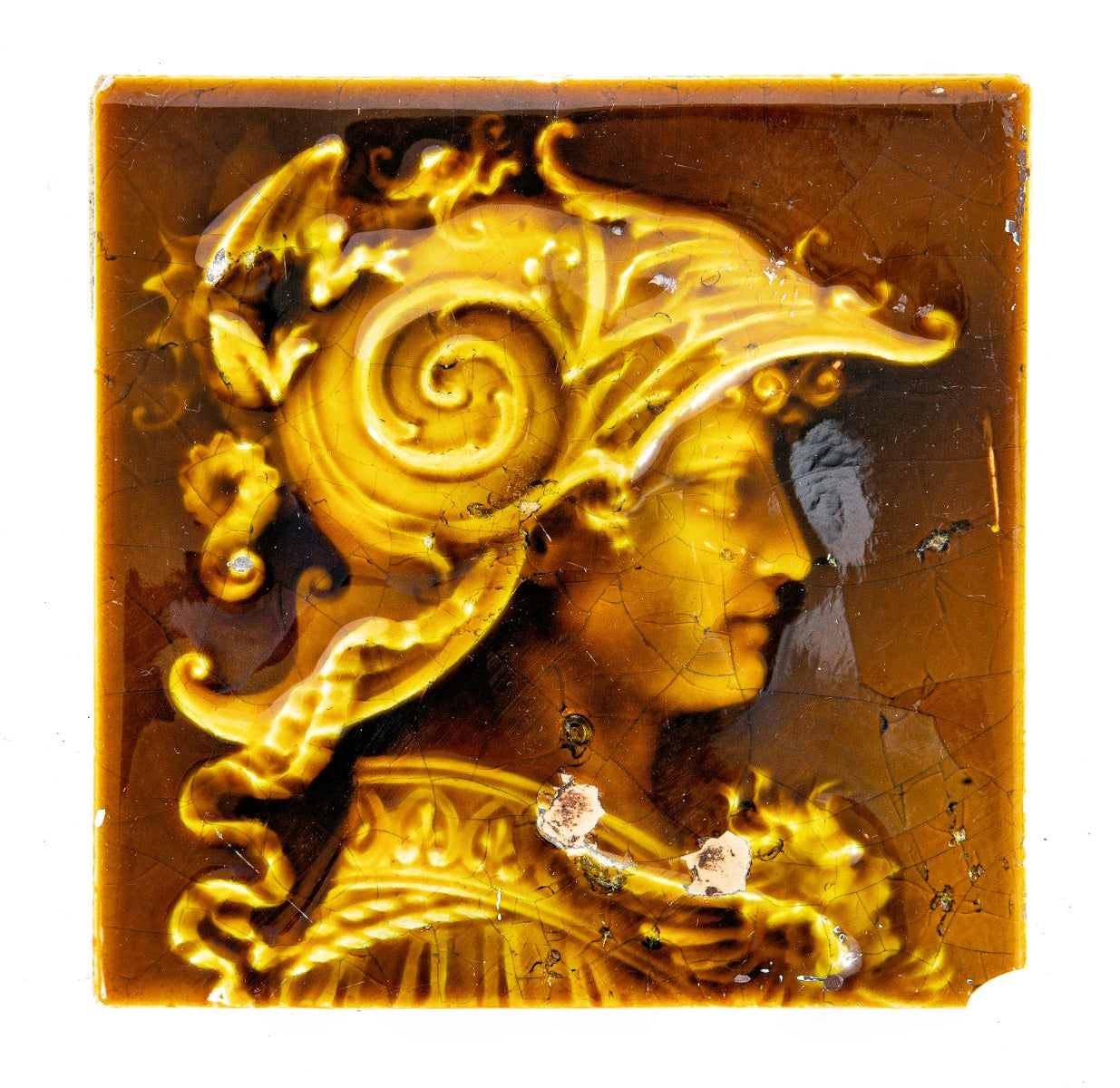19th century richly colored olive majolica-glazed figural salvaged chicago portrait trent company fireplace tile