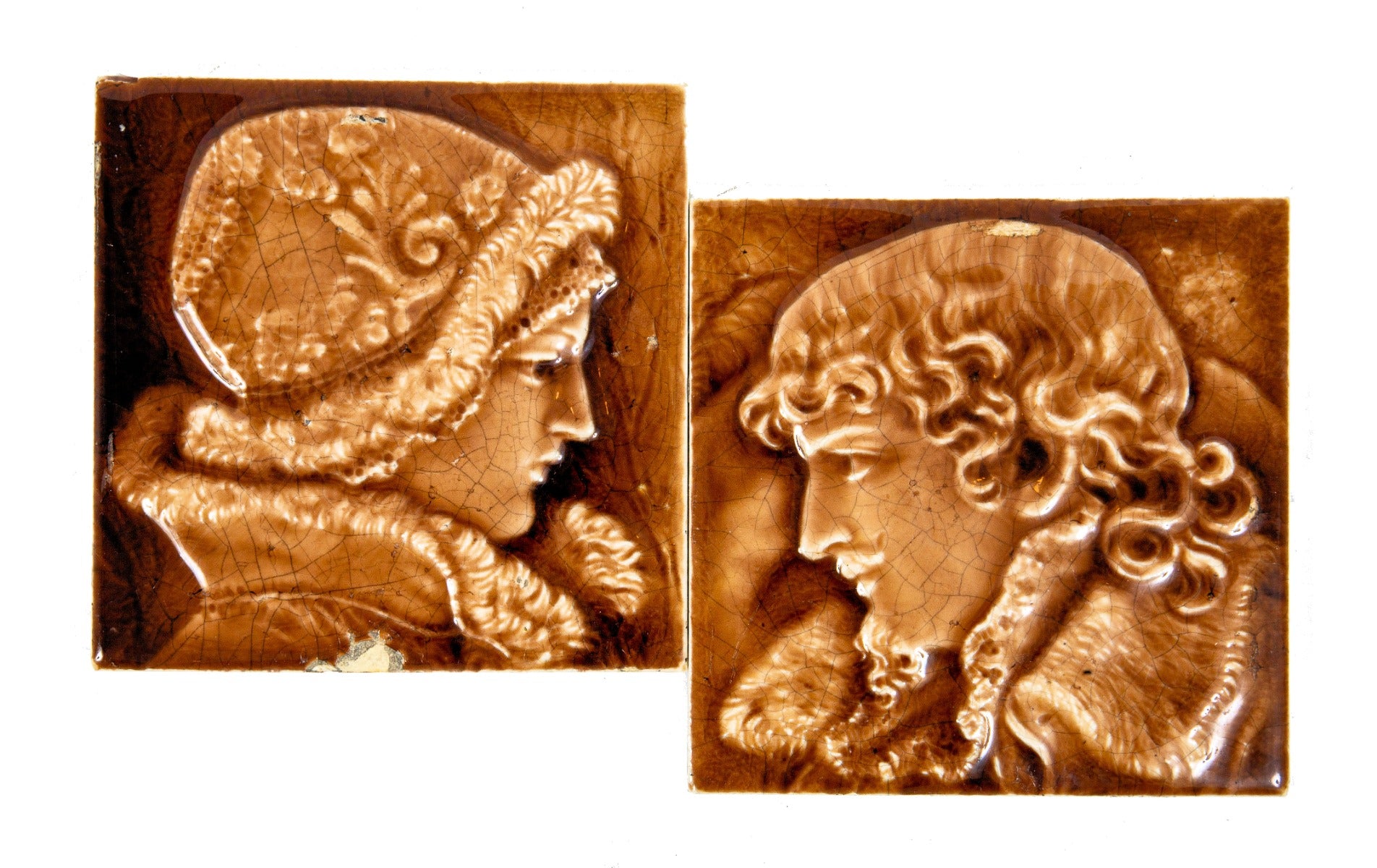 matching set of salvaged chicago 19th century deeply embossed trent or providential shakespeean portrait fireplace tiles