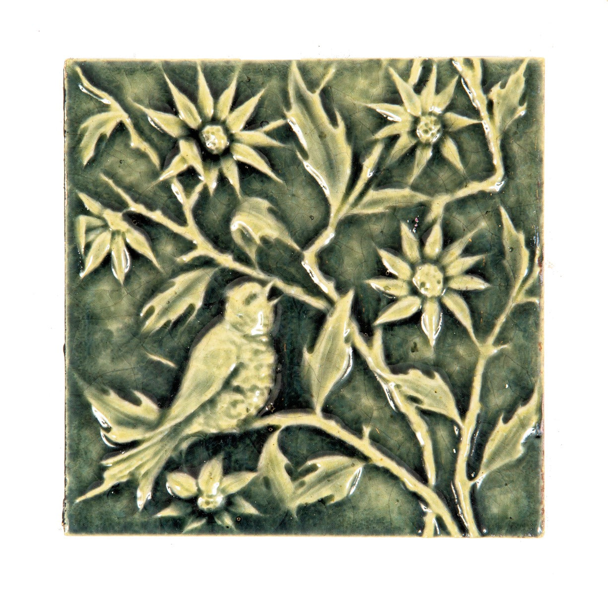 original 1880s hard to find beaver falls art tile company 6 x 6 salvaged chicago fireplace tile with winged bird and leafage