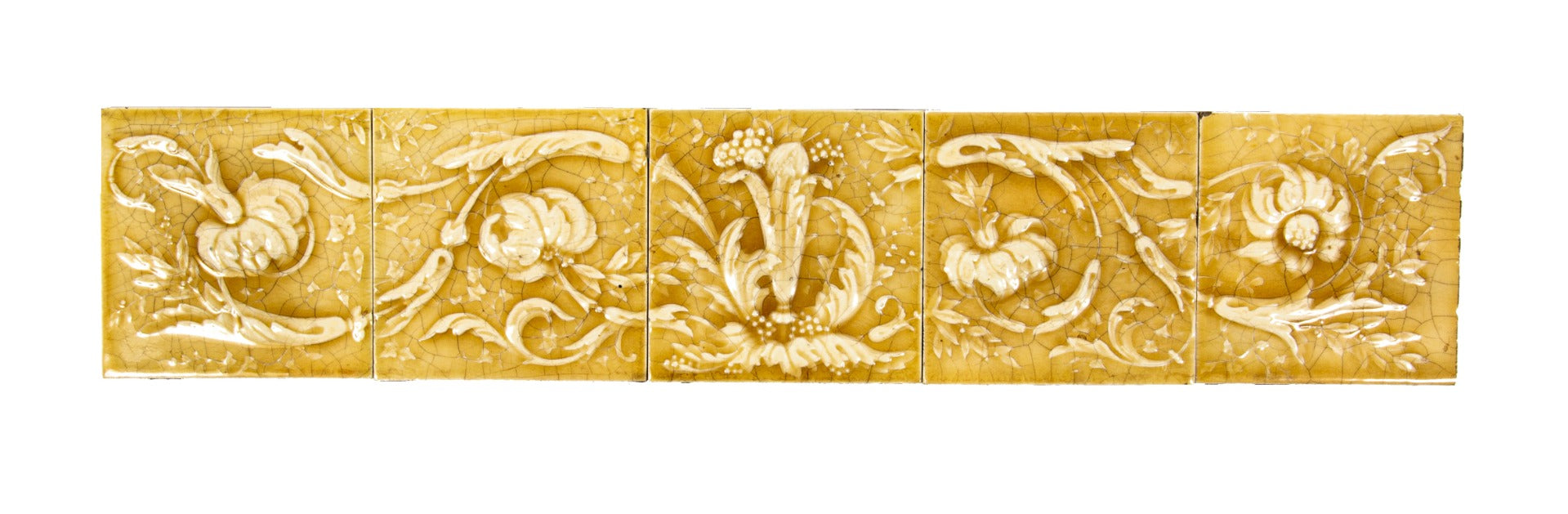 richly colored 19th century mottled yellow five-piece salvaged chicago residential fireplace majolica tile set with curveaous leafage