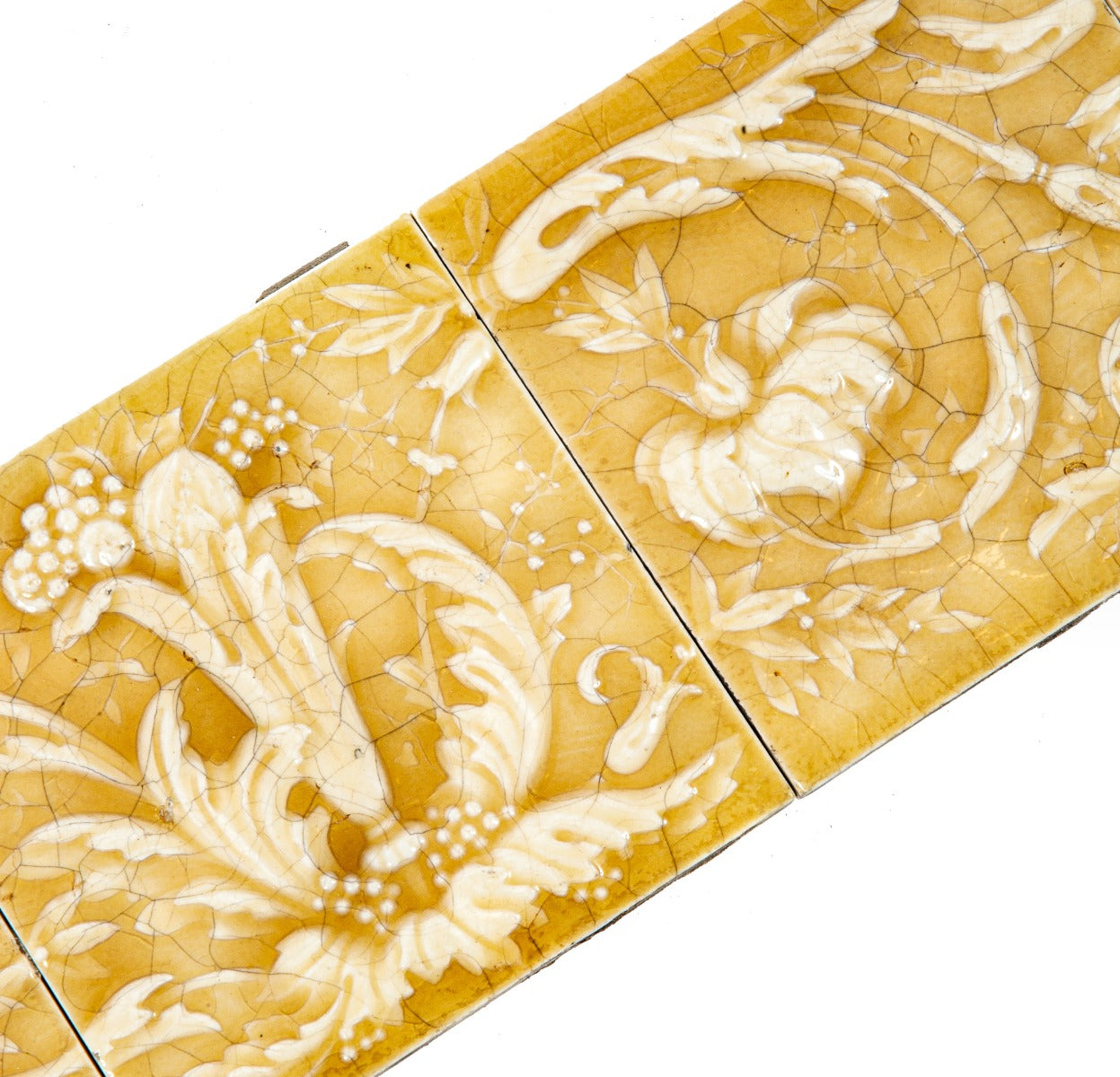richly colored 19th century mottled yellow five-piece salvaged chicago residential fireplace majolica tile set with curveaous leafage