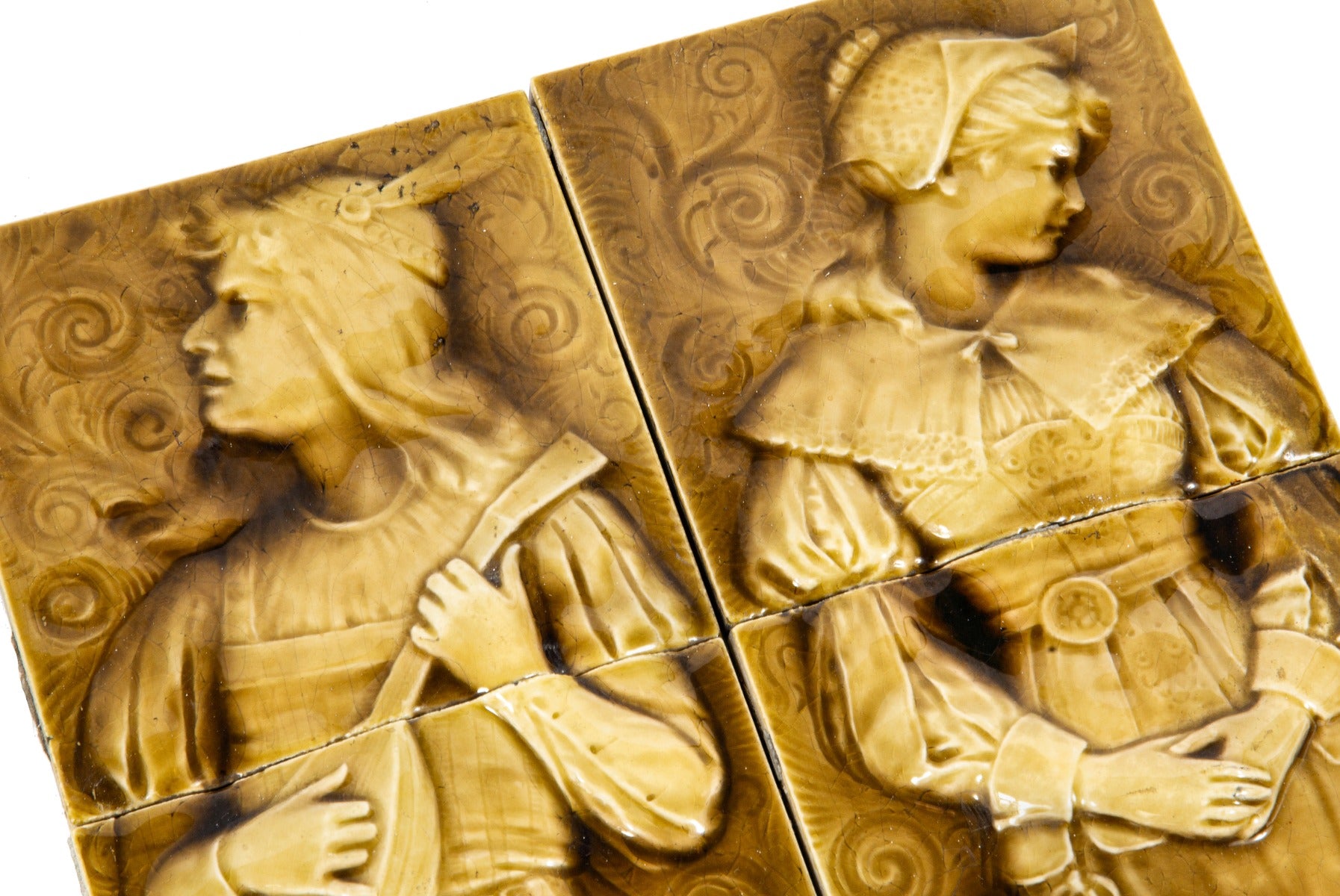 set of original late 1880s salvaged chicago american encaustic tile company salvaged chicago full-figured majolica-glazed tiles