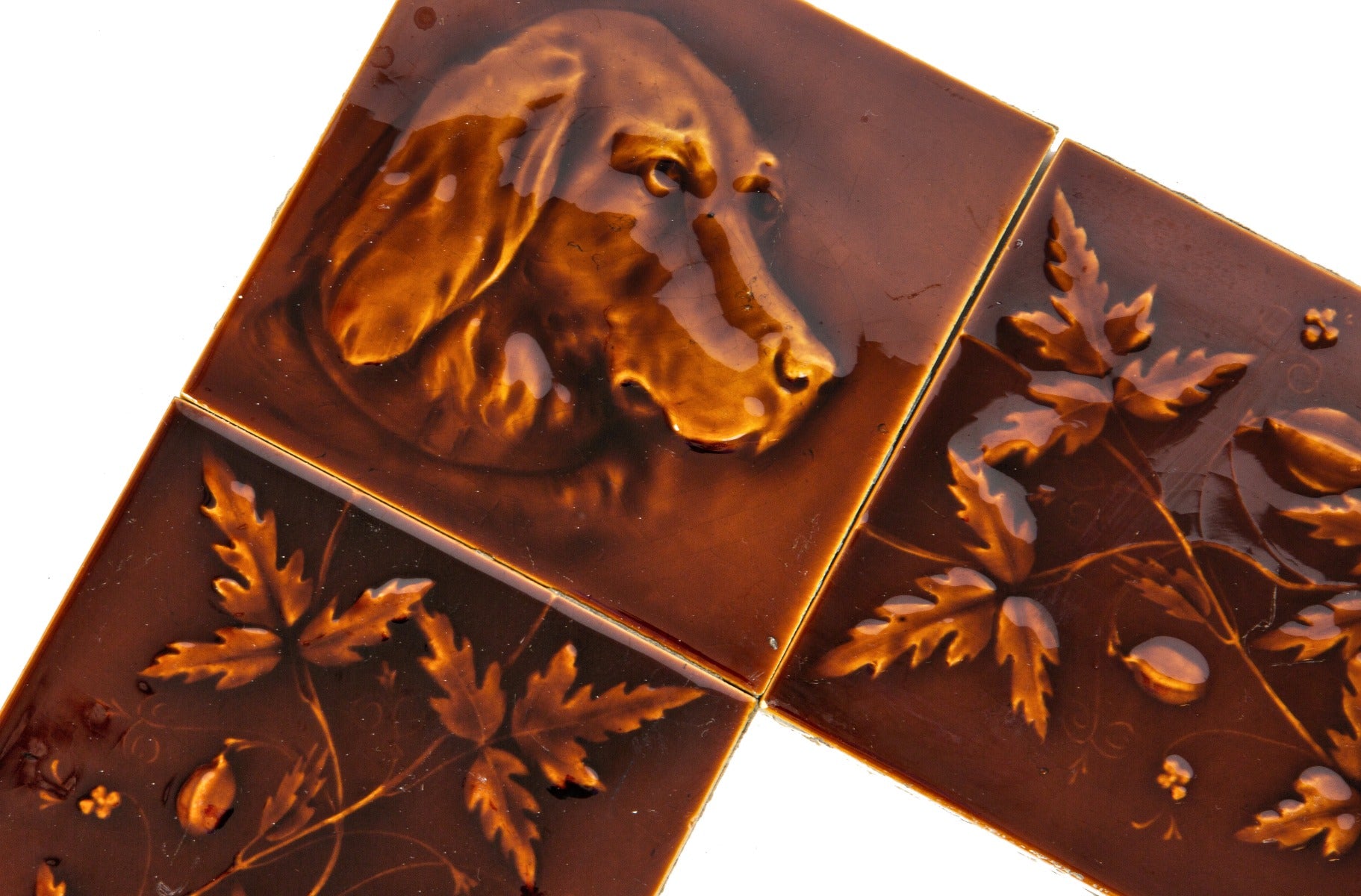 exceptionally rare original 19th century richly colored salvaged chicago "hunting scene" majolica fireplace tile surround