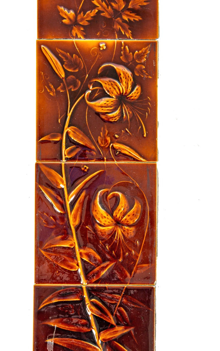 exceptionally rare original 19th century richly colored salvaged chicago "hunting scene" majolica fireplace tile surround