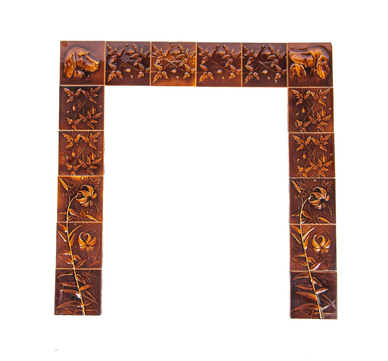 exceptionally rare original 19th century richly colored salvaged chicago "hunting scene" majolica fireplace tile surround